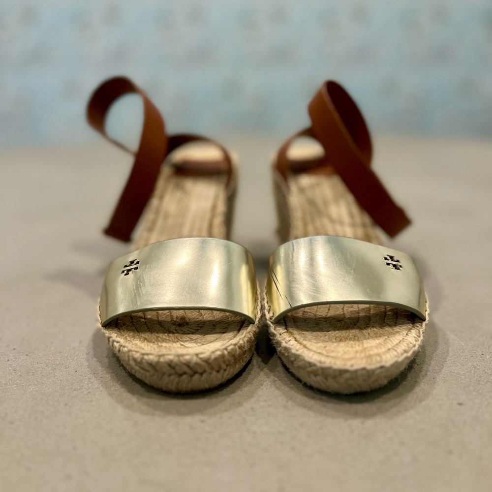 Tory Burch Gold and Brown Espadrilles with Woven Sole